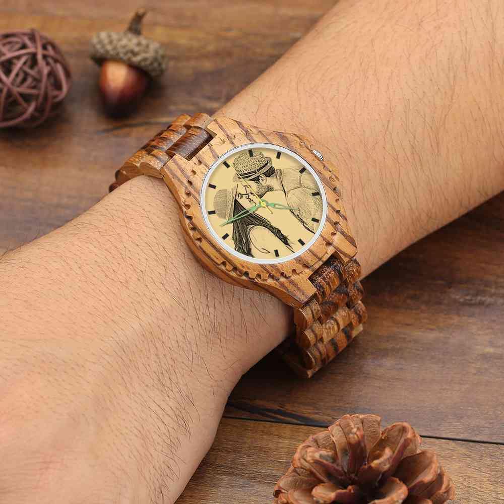 Men's Engraved Wooden Photo Watch Wooden Strap 45mm - photowatch