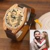 Men's Engraved Wooden Photo Watch Brown Leather Strap 45mm