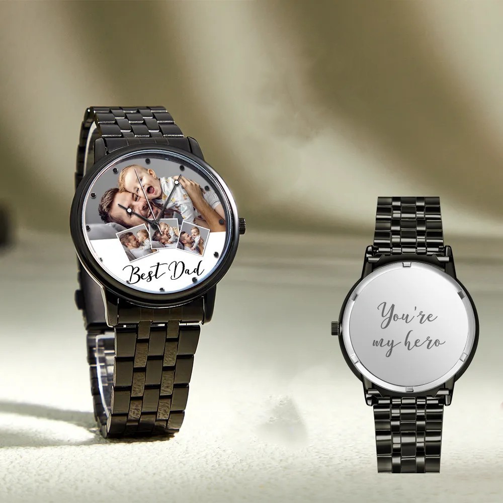Personalized Engraved Photo Watch Men's Black Alloy Bracelet Photo Watch Father's Day Gifts For Dad