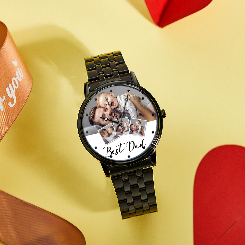 Personalized Engraved Photo Watch Men's Black Alloy Bracelet Photo Watch Father's Day Gifts For Dad - soufeelus