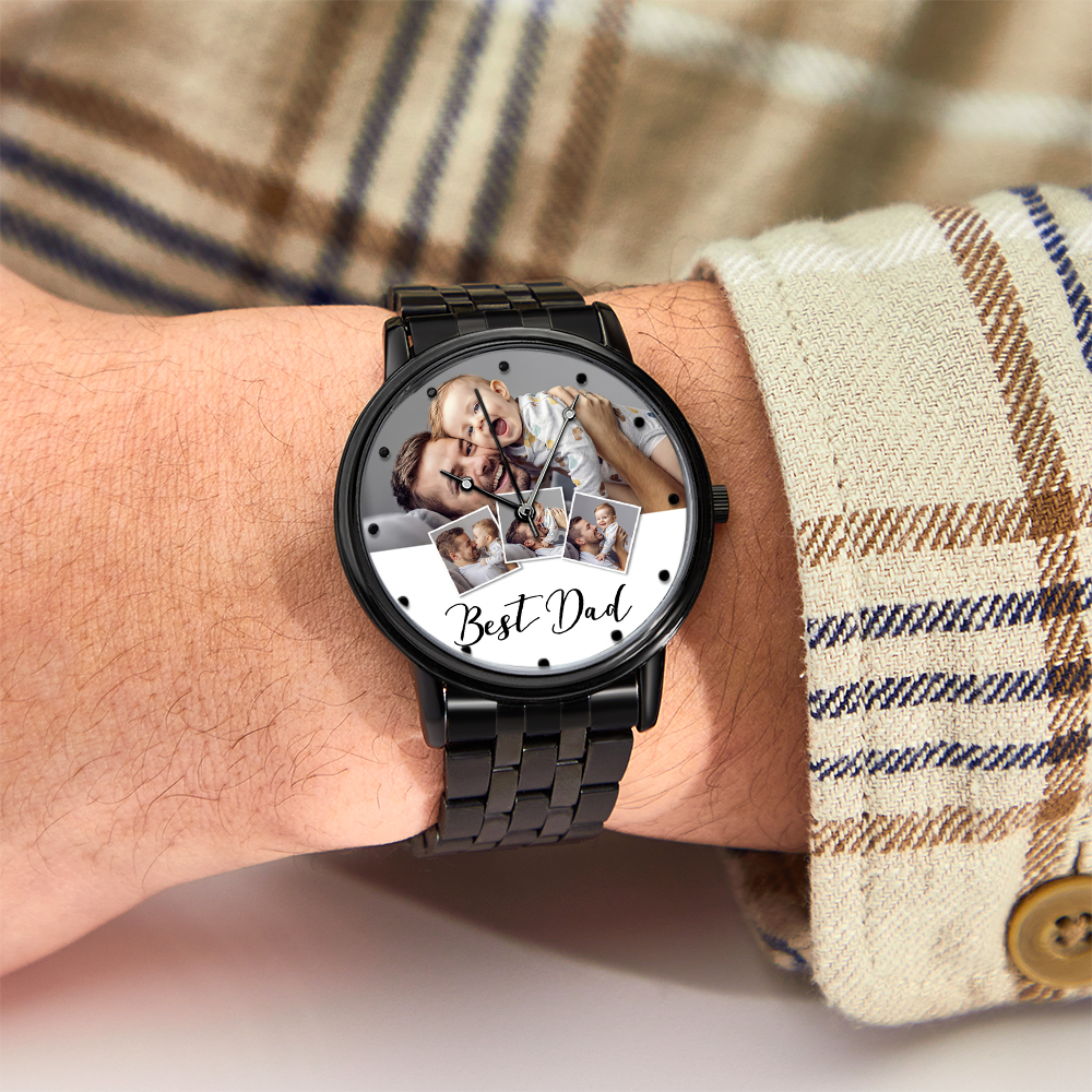 Personalized Engraved Photo Watch Men's Black Alloy Bracelet Photo Watch Father's Day Gifts For Dad - soufeelus