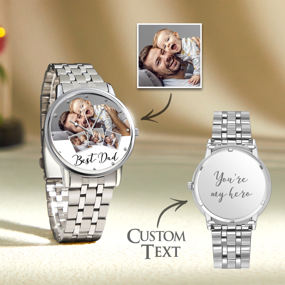 Personalized Engraved Photo Watch Men's Black Alloy Bracelet Photo Watch Father's Day Gifts For Dad - soufeelus