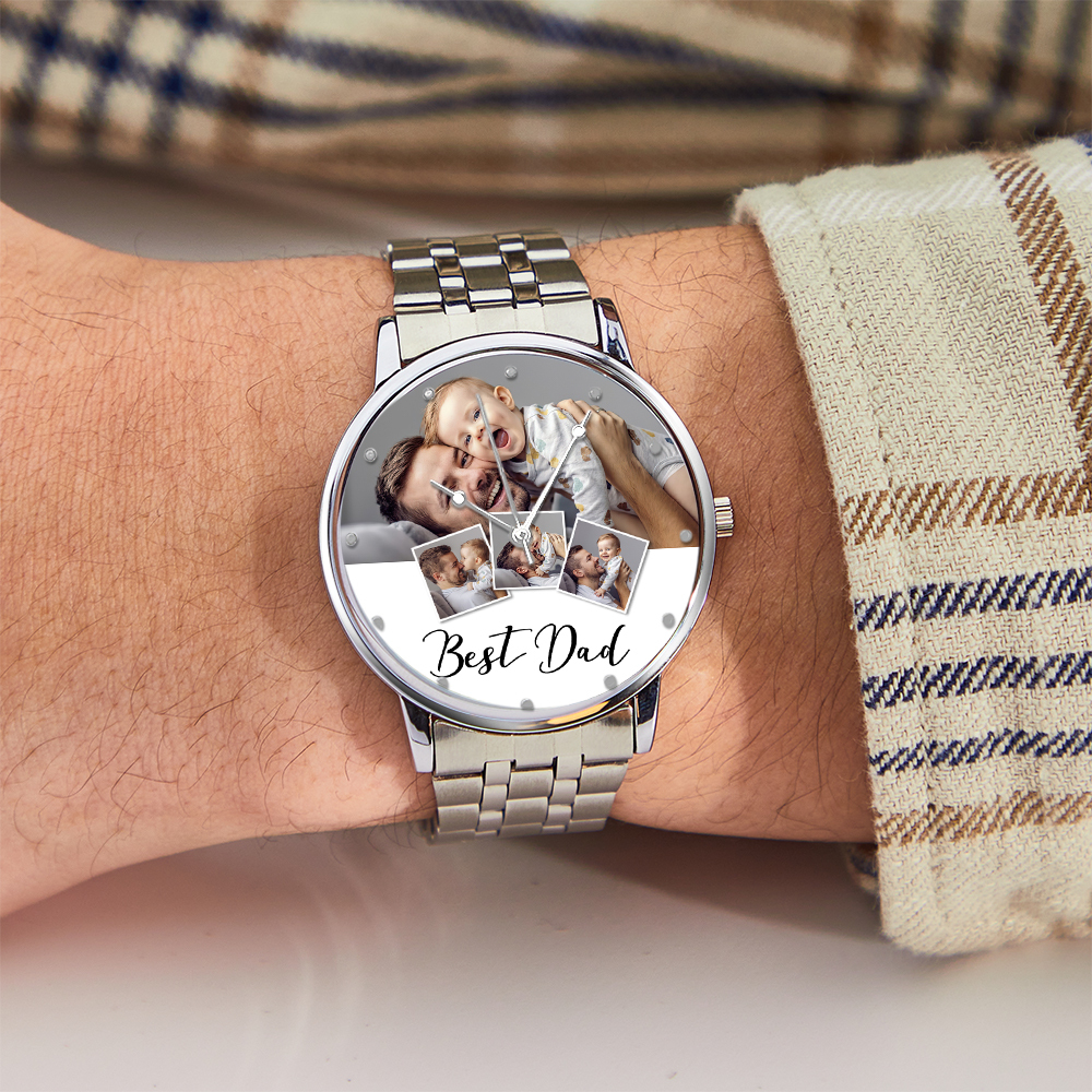 Personalized Engraved Photo Watch Men's Black Alloy Bracelet Photo Watch Father's Day Gifts For Dad - soufeelus