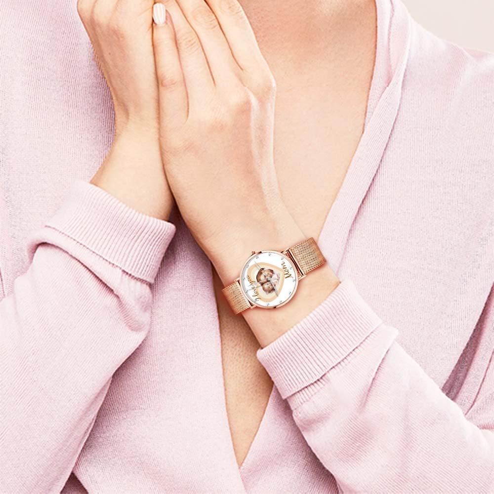 Personalized Heart Engraved Photo Watches With Alloy Strap Mother's Day Gift For Mom - soufeelus
