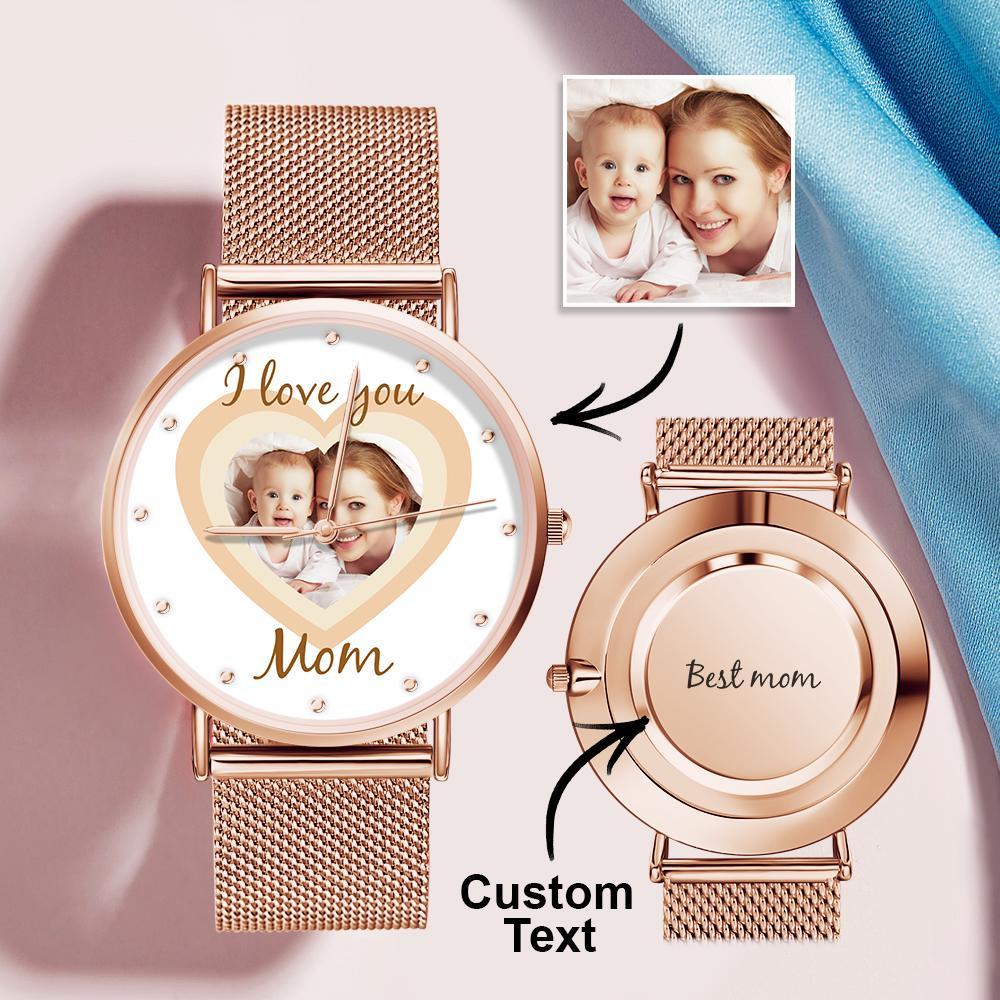 Personalized Heart Engraved Photo Watches With Alloy Strap Mother's Day Gift For Mom - soufeelus