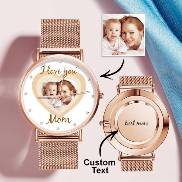 Personalized Heart Engraved Photo Watches With Alloy Strap Mother's Day Gift For Mom - soufeelus