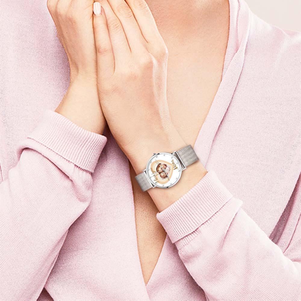 Personalized Heart Engraved Photo Watches With Alloy Strap Mother's Day Gift For Mom - soufeelus