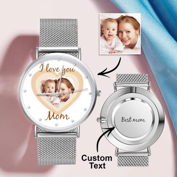 Personalized Heart Engraved Photo Watches With Alloy Strap Mother's Day Gift For Mom - soufeelus