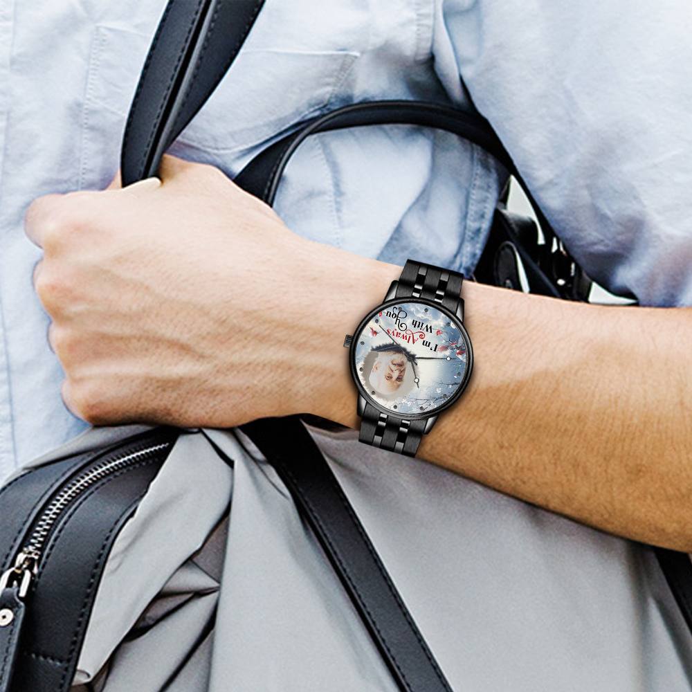 Engraved Men's Black Alloy Bracelet Photo Watch I'm Always With You Memorial Gift For Him - soufeelus