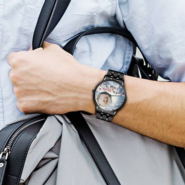 Engraved Men's Black Alloy Bracelet Photo Watch I'm Always With You Memorial Gift For Him - soufeelus