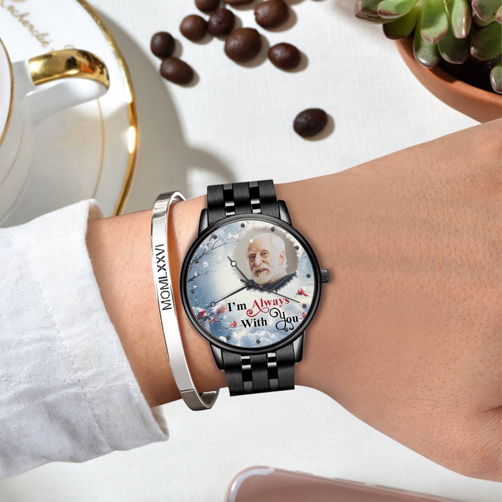 Engraved Men's Black Alloy Bracelet Photo Watch I'm Always With You Memorial Gift For Him - soufeelus