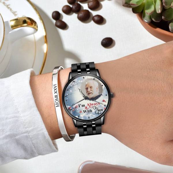 Engraved Men's Black Alloy Bracelet Photo Watch I'm Always With You Memorial Gift For Him - soufeelus