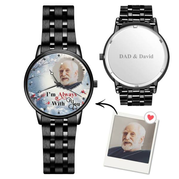 Engraved Men's Black Alloy Bracelet Photo Watch I'm Always With You Memorial Gift For Him - soufeelus