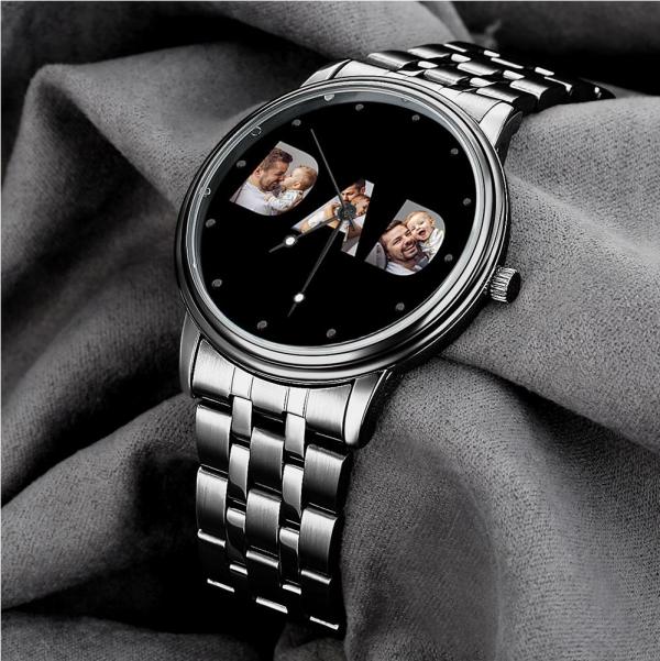 Custom Photo Watch Men's Black Alloy Watch Bracelet for Dad Father's Day Gift
