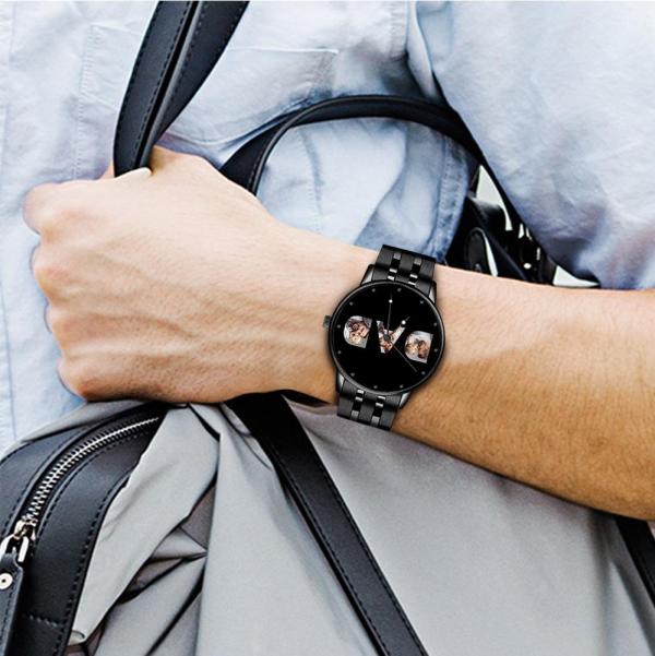 Custom Photo Watch Men's Black Alloy Watch Bracelet for Dad Father's Day Gift