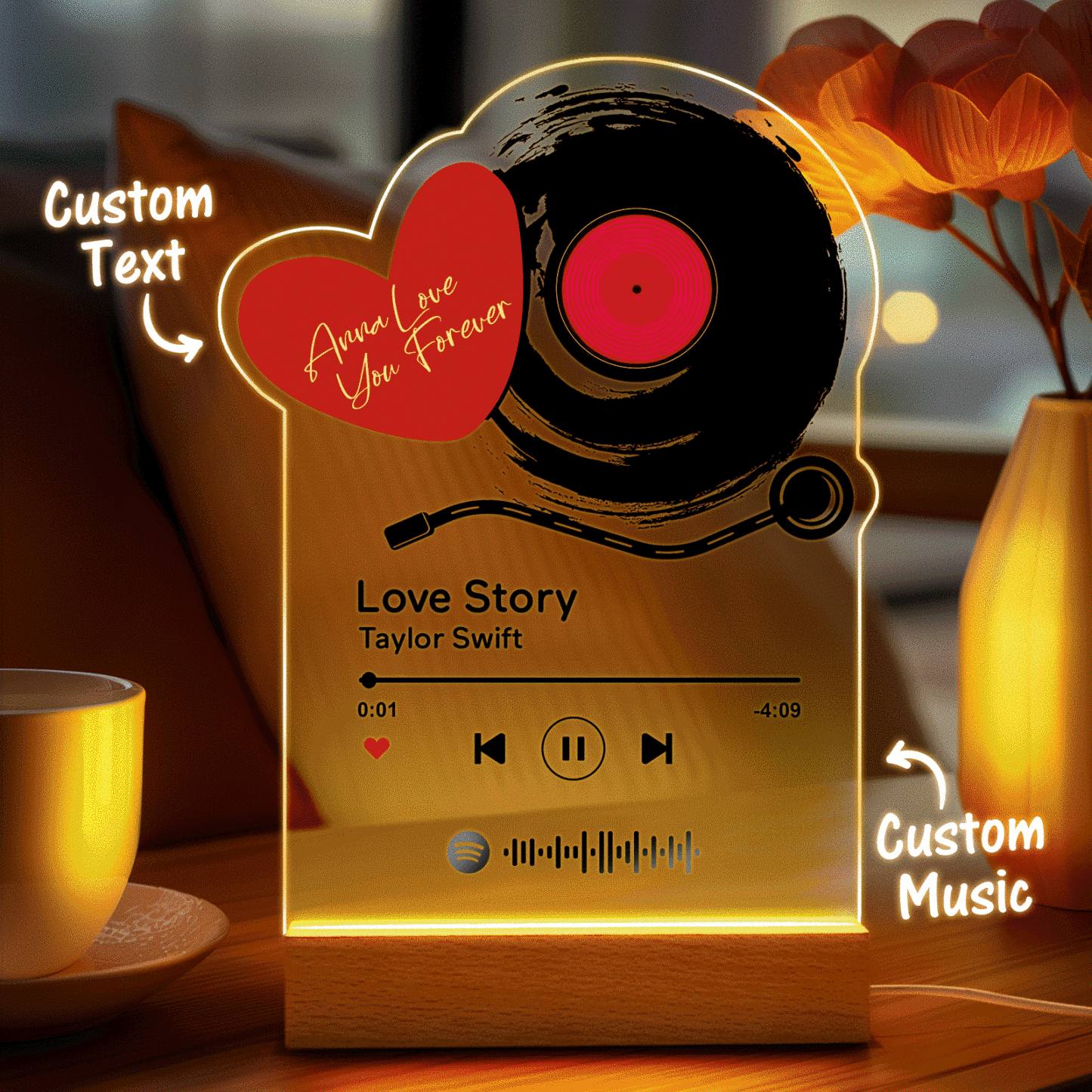 Personalized Romantic Love Records Acrylic Night Light Gift for Couple Home Decor - photowatch