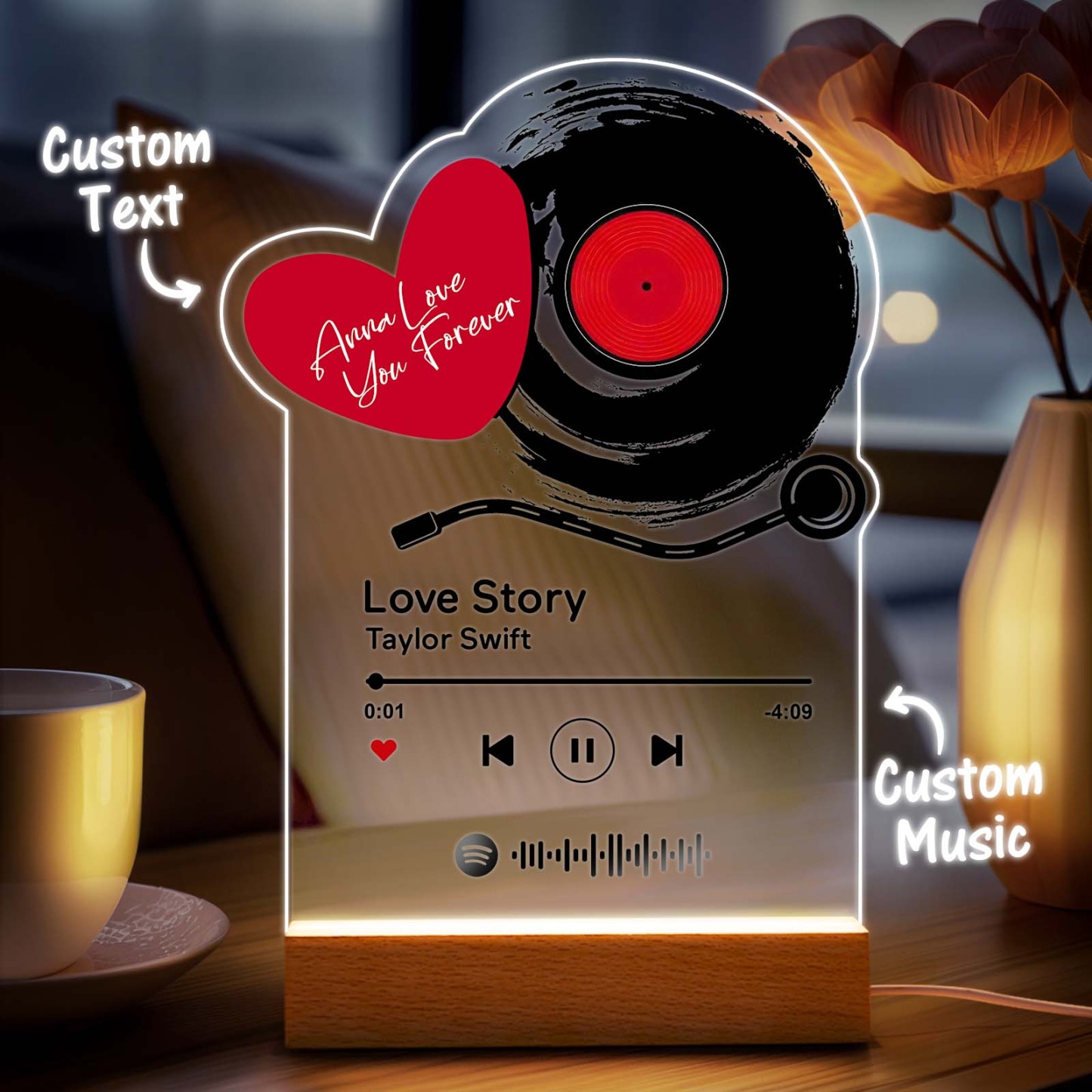 Personalized Romantic Love Records Acrylic Night Light Gift for Couple Home Decor - photowatch