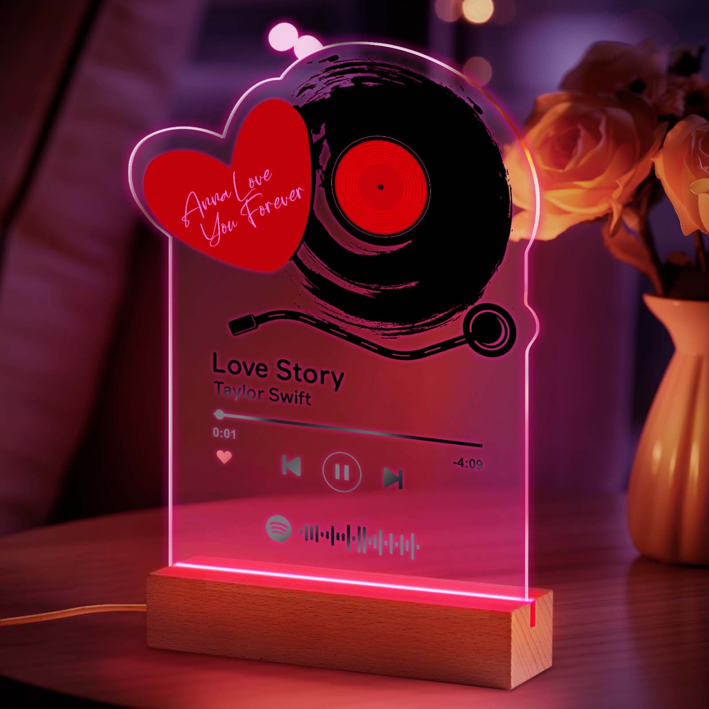 Personalized Romantic Love Records Acrylic Night Light Gift for Couple Home Decor - photowatch