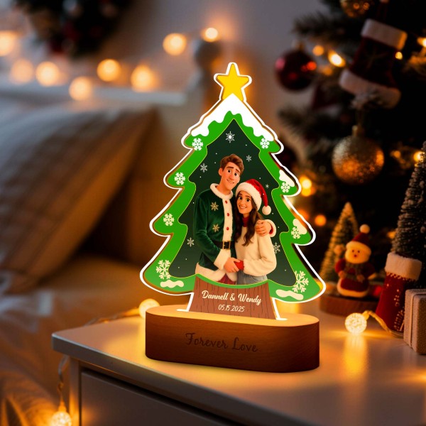 Personalized Christmas Tree Night Light, Custom Photo Engraved Cartoon Style Gift, Best Christmas Gift for Couple, Family - Photowatch