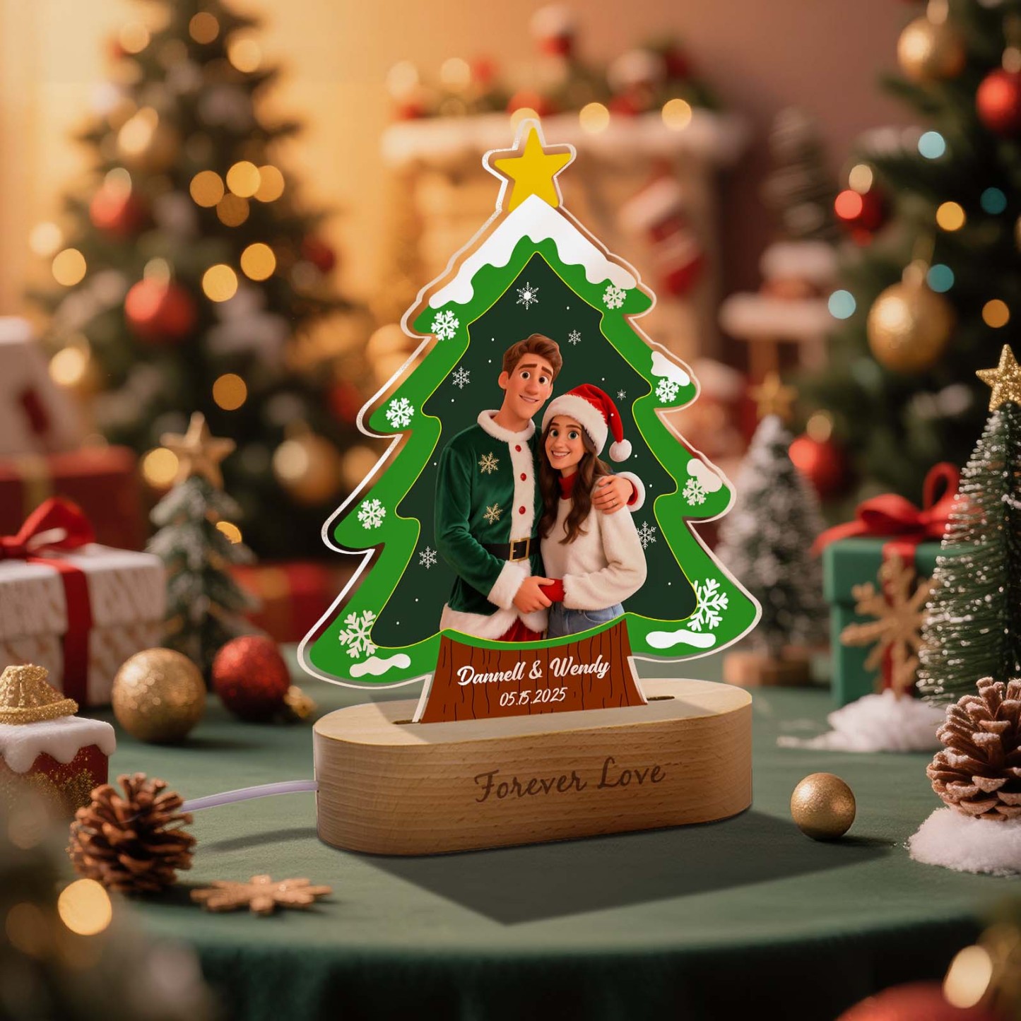 Personalized Christmas Tree Night Light, Custom Photo Engraved Cartoon Style Gift, Best Christmas Gift for Couple, Family - Photowatch