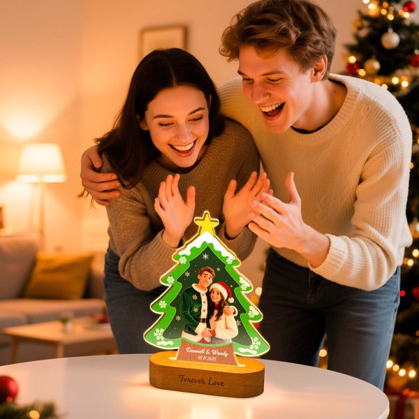 Personalized Christmas Tree Night Light, Custom Photo Engraved Cartoon Style Gift, Best Christmas Gift for Couple, Family - Photowatch
