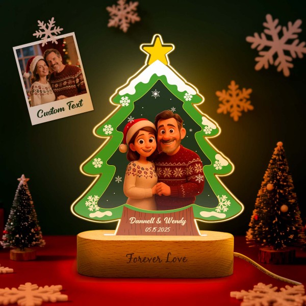 Personalized Christmas Tree Night Light, Custom Photo Engraved Cartoon Style Gift, Best Christmas Gift for Couple, Family - Photowatch