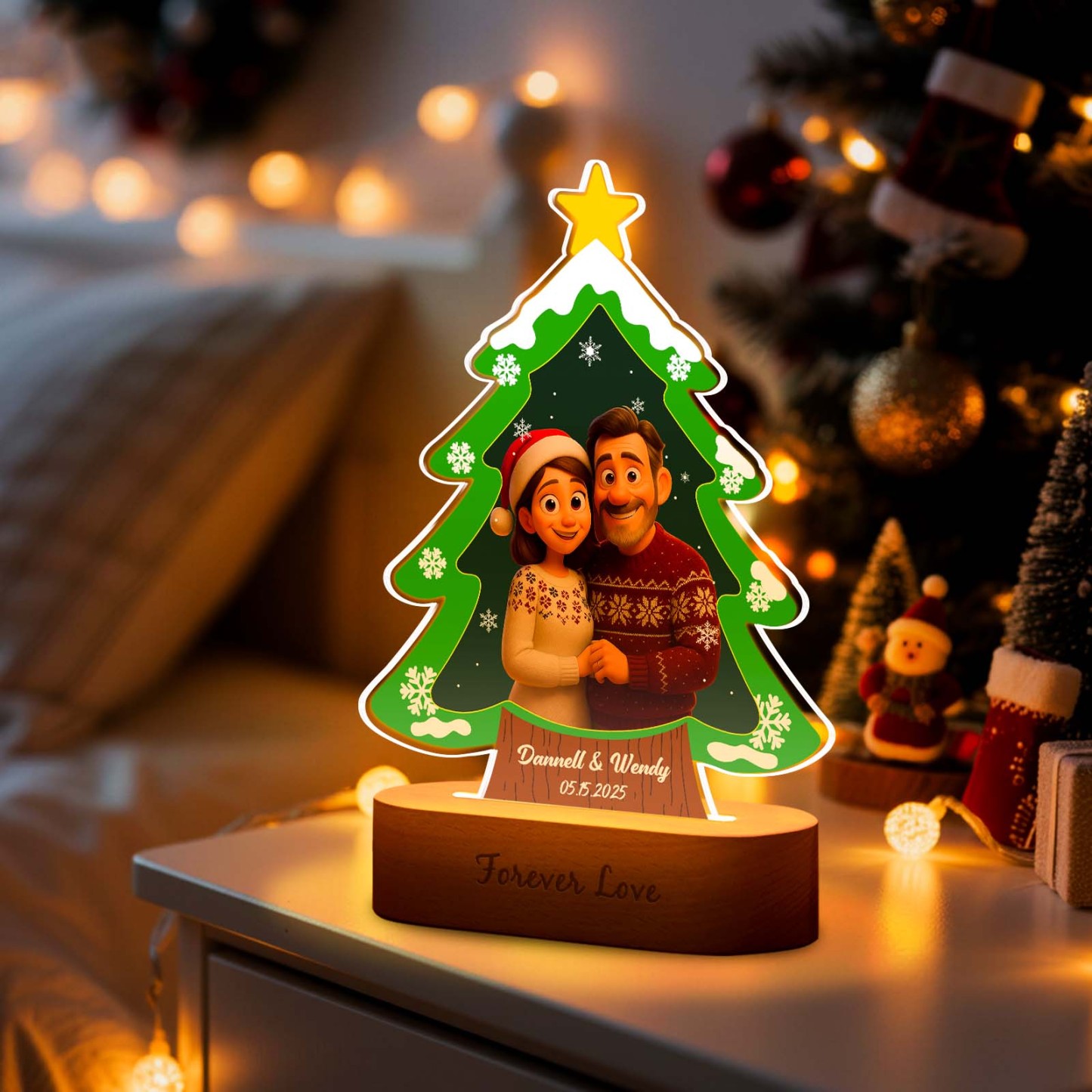 Personalized Christmas Tree Night Light, Custom Photo Engraved Cartoon Style Gift, Best Christmas Gift for Couple, Family - Photowatch
