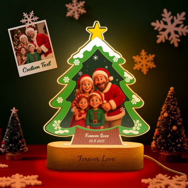 Personalized Christmas Tree Night Light, Custom Photo Engraved Cartoon Style Gift, Best Christmas Gift for Couple, Family - Photowatch