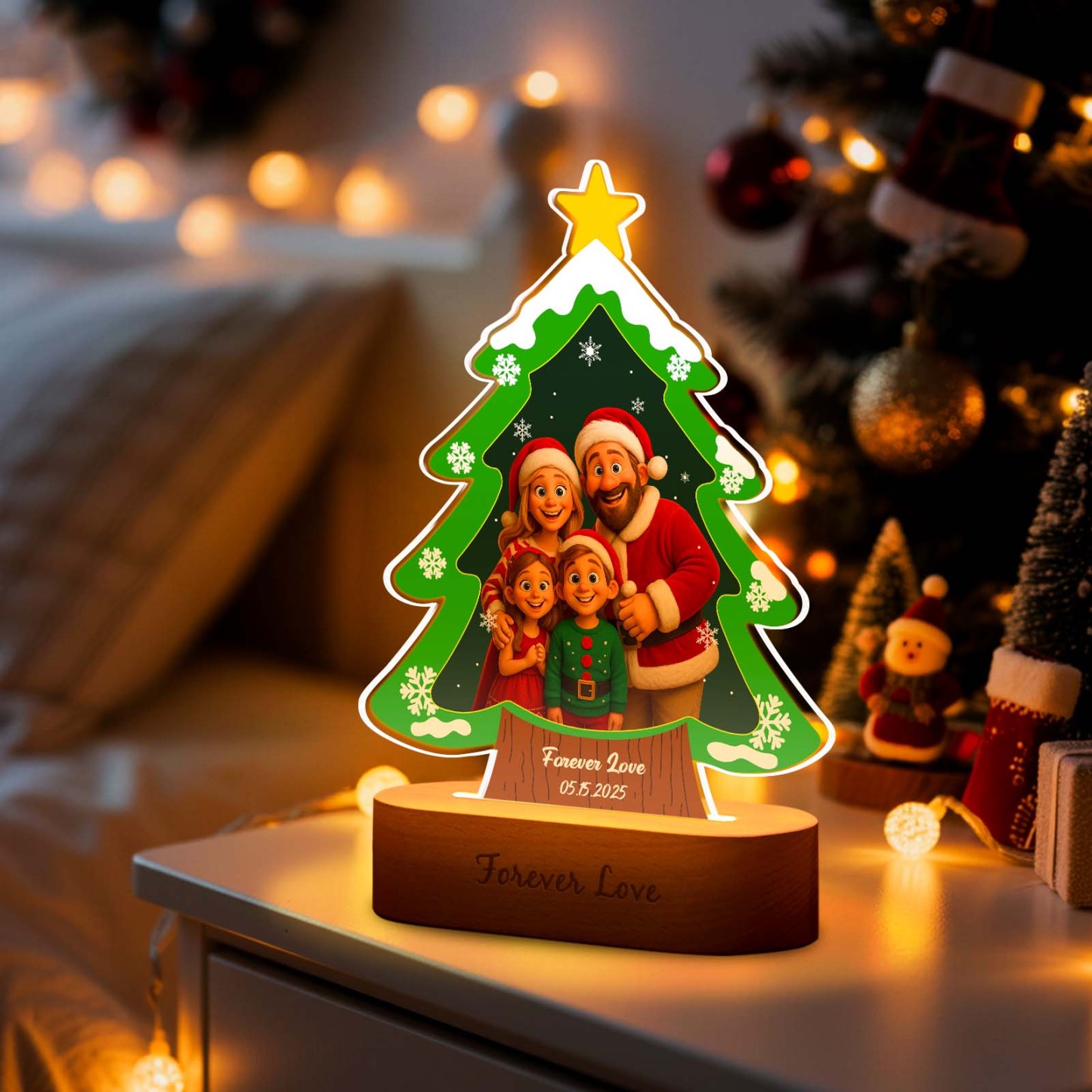 Personalized Christmas Tree Night Light, Custom Photo Engraved Cartoon Style Gift, Best Christmas Gift for Couple, Family - Photowatch