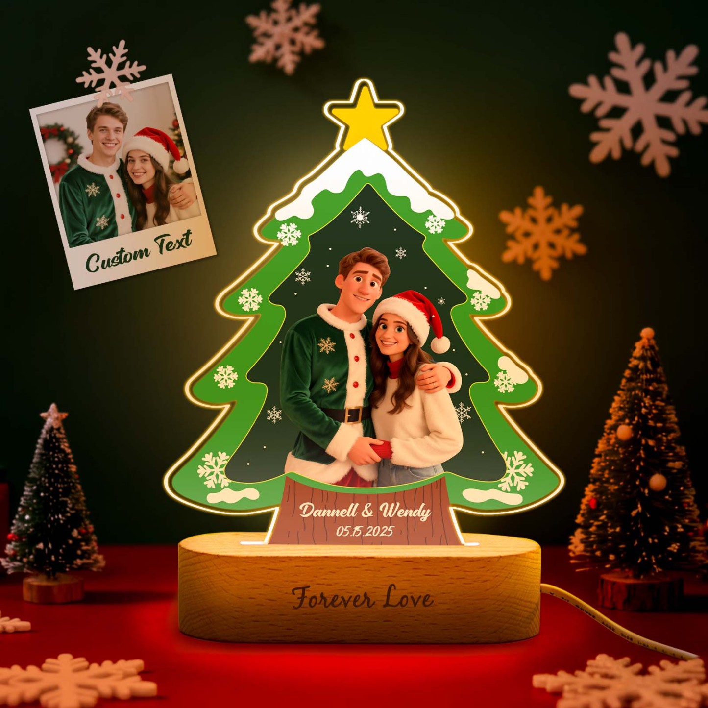 Personalized Christmas Tree Night Light, Custom Photo Engraved Cartoon Style Gift, Best Christmas Gift for Couple, Family - Photowatch