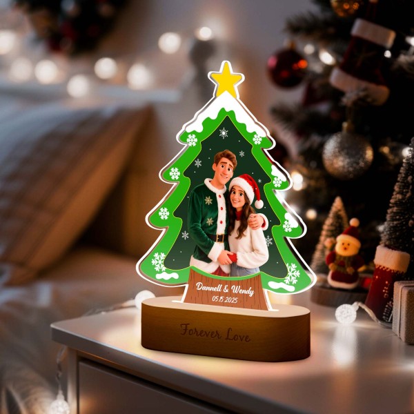Personalized Christmas Tree Night Light, Custom Photo Engraved Cartoon Style Gift, Best Christmas Gift for Couple, Family - Photowatch