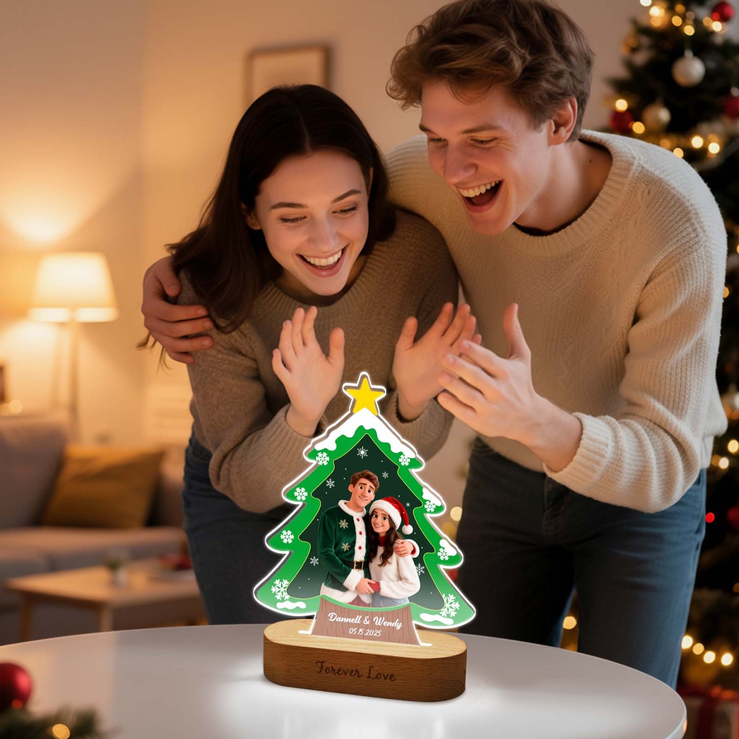 Personalized Christmas Tree Night Light, Custom Photo Engraved Cartoon Style Gift, Best Christmas Gift for Couple, Family - Photowatch