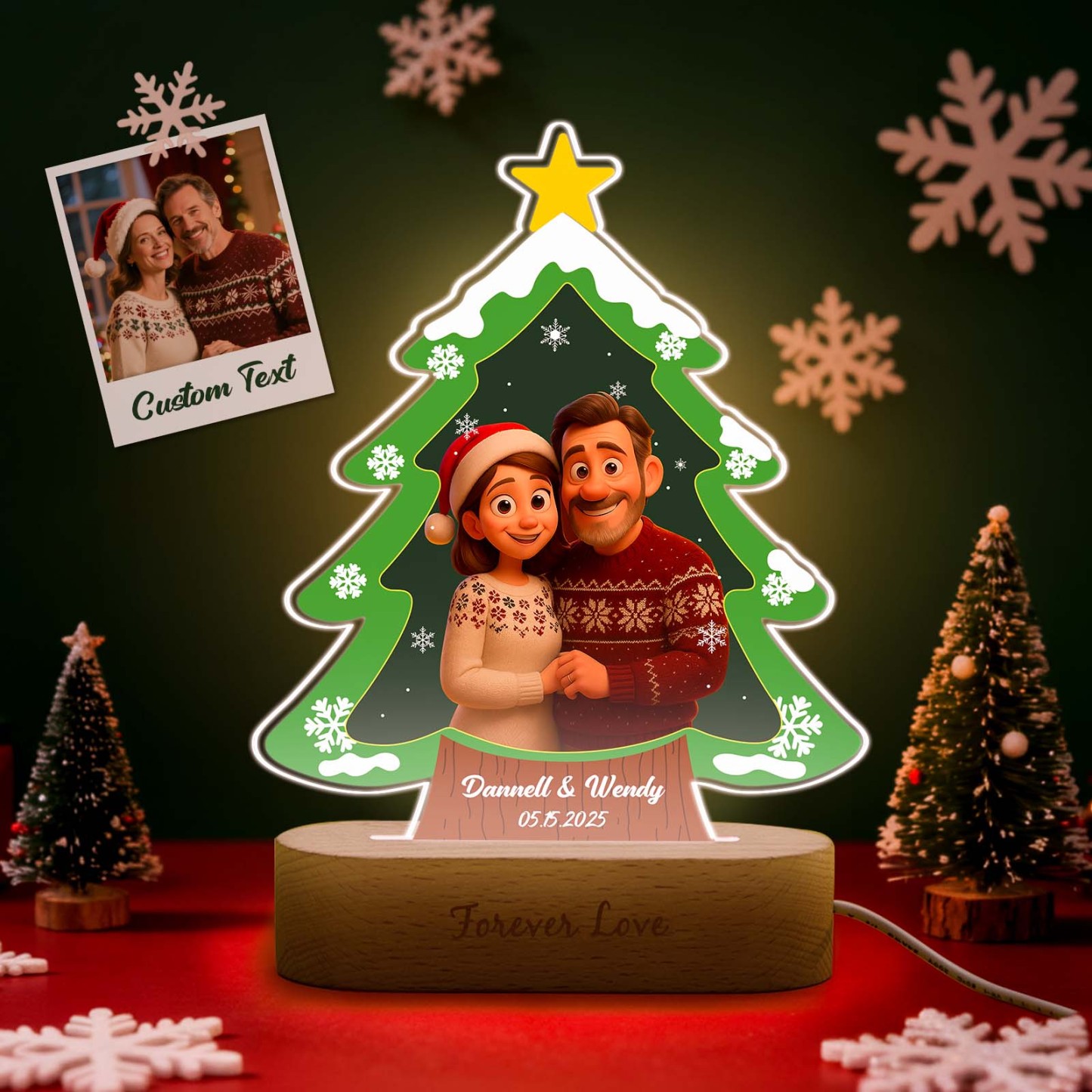 Personalized Christmas Tree Night Light, Custom Photo Engraved Cartoon Style Gift, Best Christmas Gift for Couple, Family - Photowatch