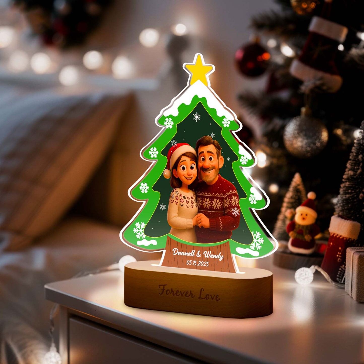 Personalized Christmas Tree Night Light, Custom Photo Engraved Cartoon Style Gift, Best Christmas Gift for Couple, Family - Photowatch