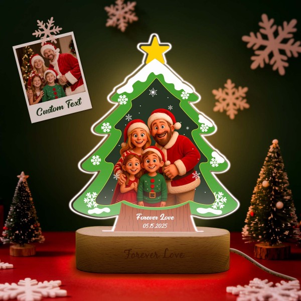 Personalized Christmas Tree Night Light, Custom Photo Engraved Cartoon Style Gift, Best Christmas Gift for Couple, Family - Photowatch