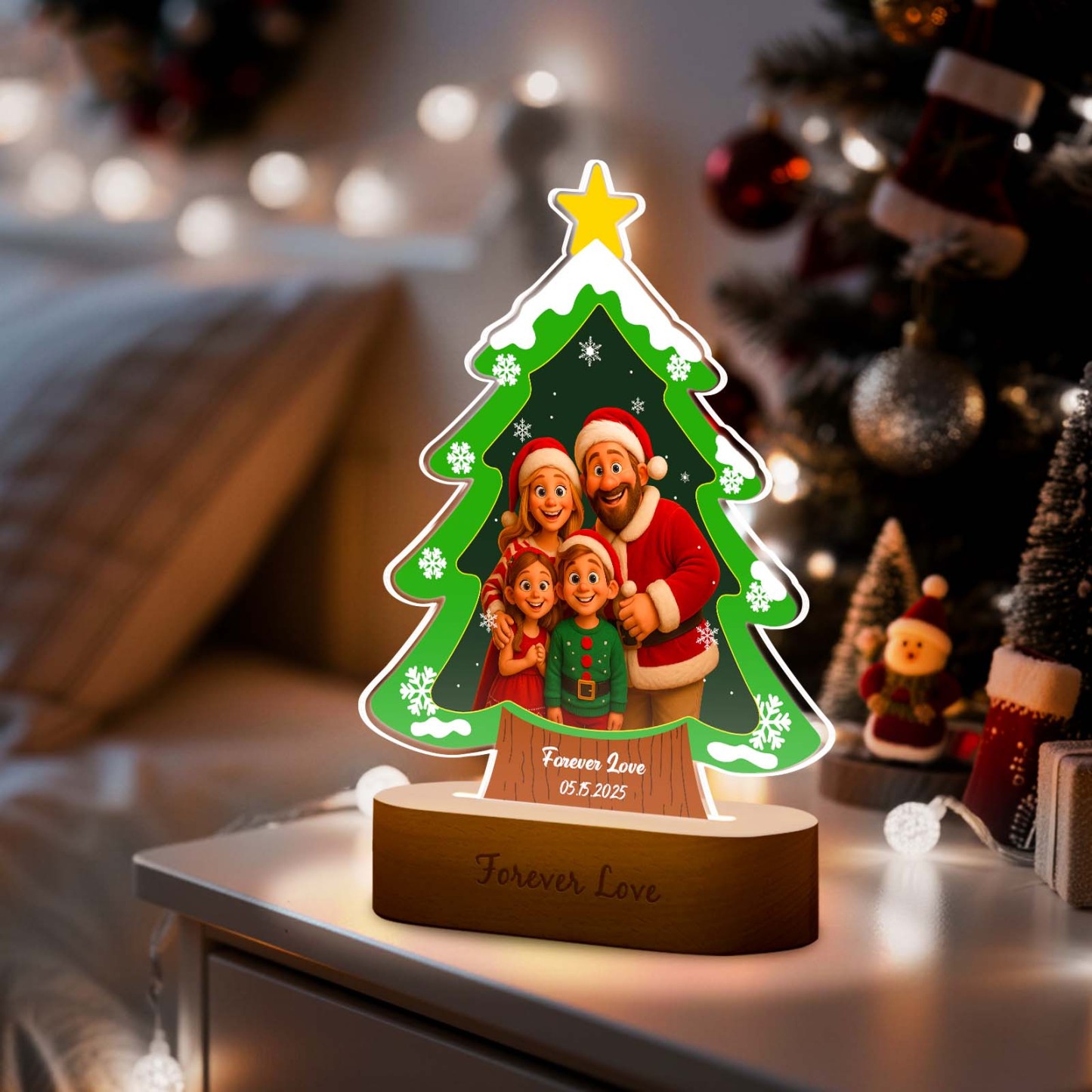 Personalized Christmas Tree Night Light, Custom Photo Engraved Cartoon Style Gift, Best Christmas Gift for Couple, Family - Photowatch