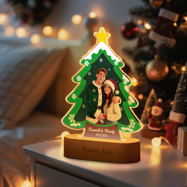 Personalized Christmas Tree Night Light, Custom Photo Engraved Cartoon Style Gift, Best Christmas Gift for Couple, Family - Photowatch