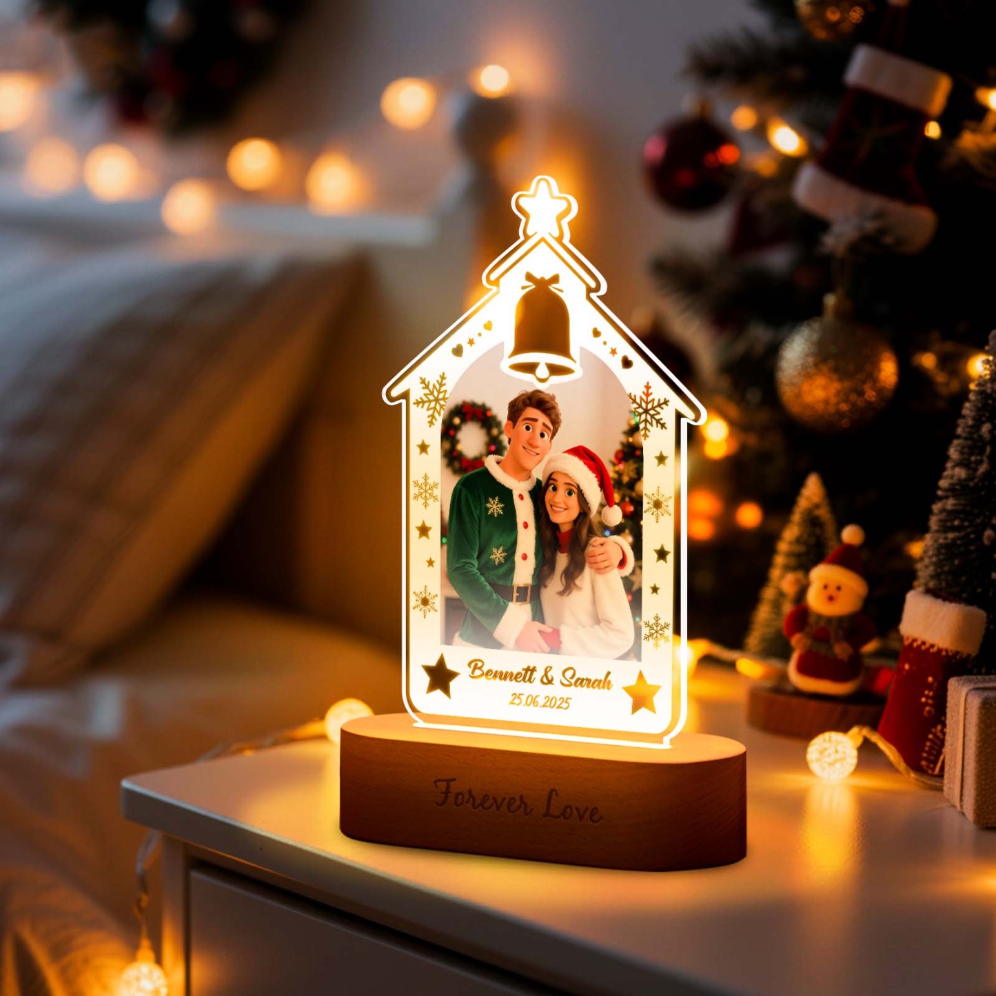 Personalized Christmas Tree Night Light, Custom Photo Engraved Cartoon Style Gift, Best Christmas Gift for Couple, Family - Photowatch