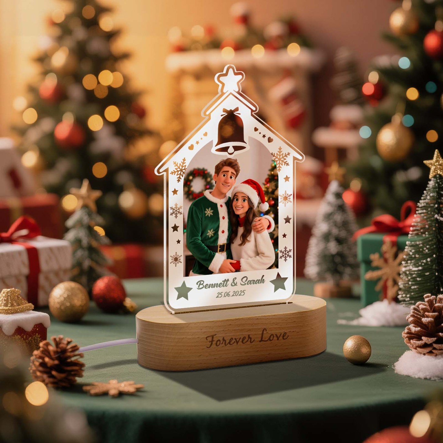 Personalized Christmas Tree Night Light, Custom Photo Engraved Cartoon Style Gift, Best Christmas Gift for Couple, Family - Photowatch