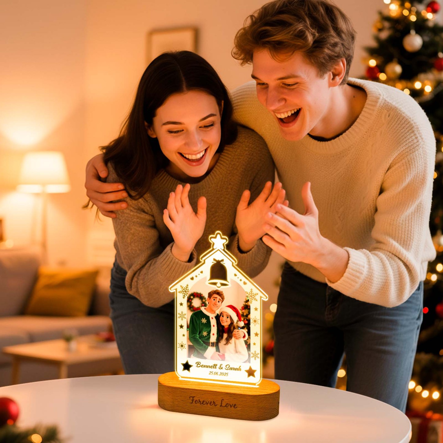 Personalized Christmas Tree Night Light, Custom Photo Engraved Cartoon Style Gift, Best Christmas Gift for Couple, Family - Photowatch
