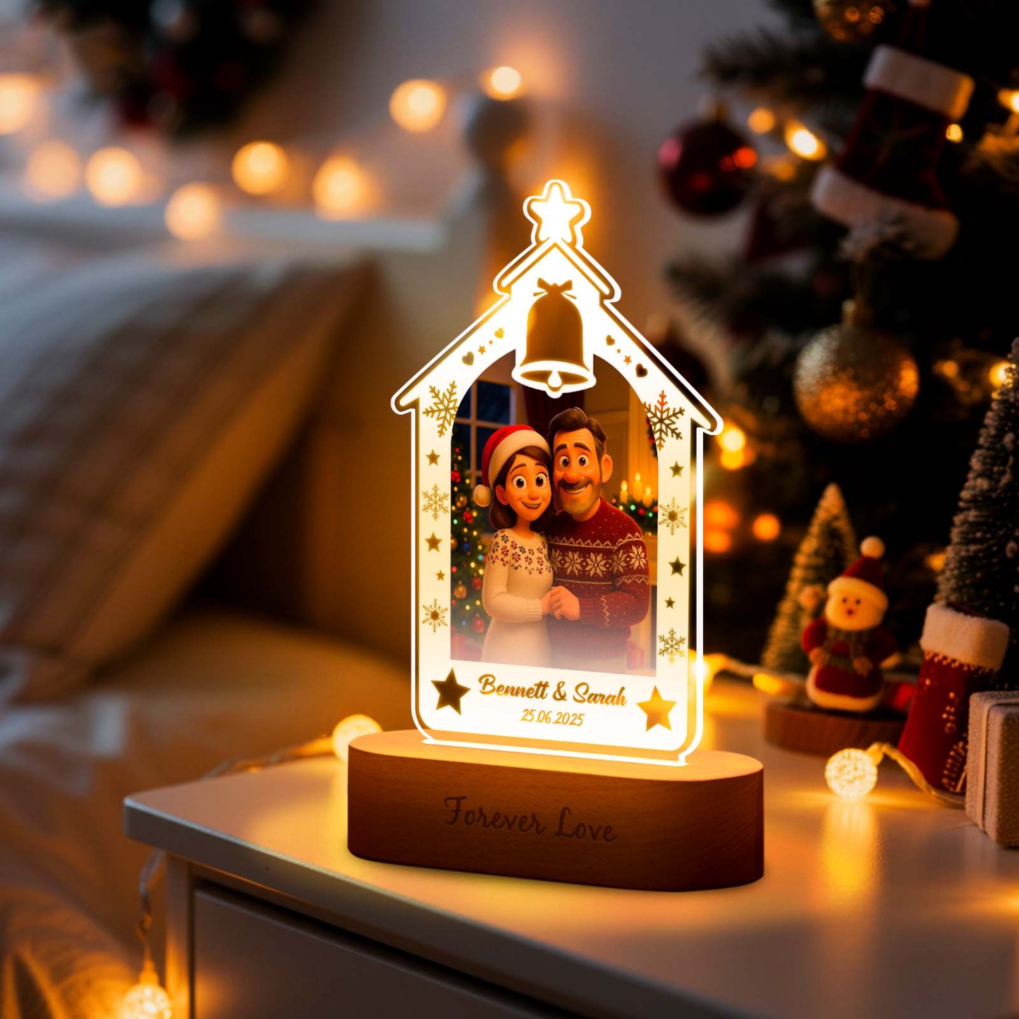 Personalized Christmas Tree Night Light, Custom Photo Engraved Cartoon Style Gift, Best Christmas Gift for Couple, Family - Photowatch