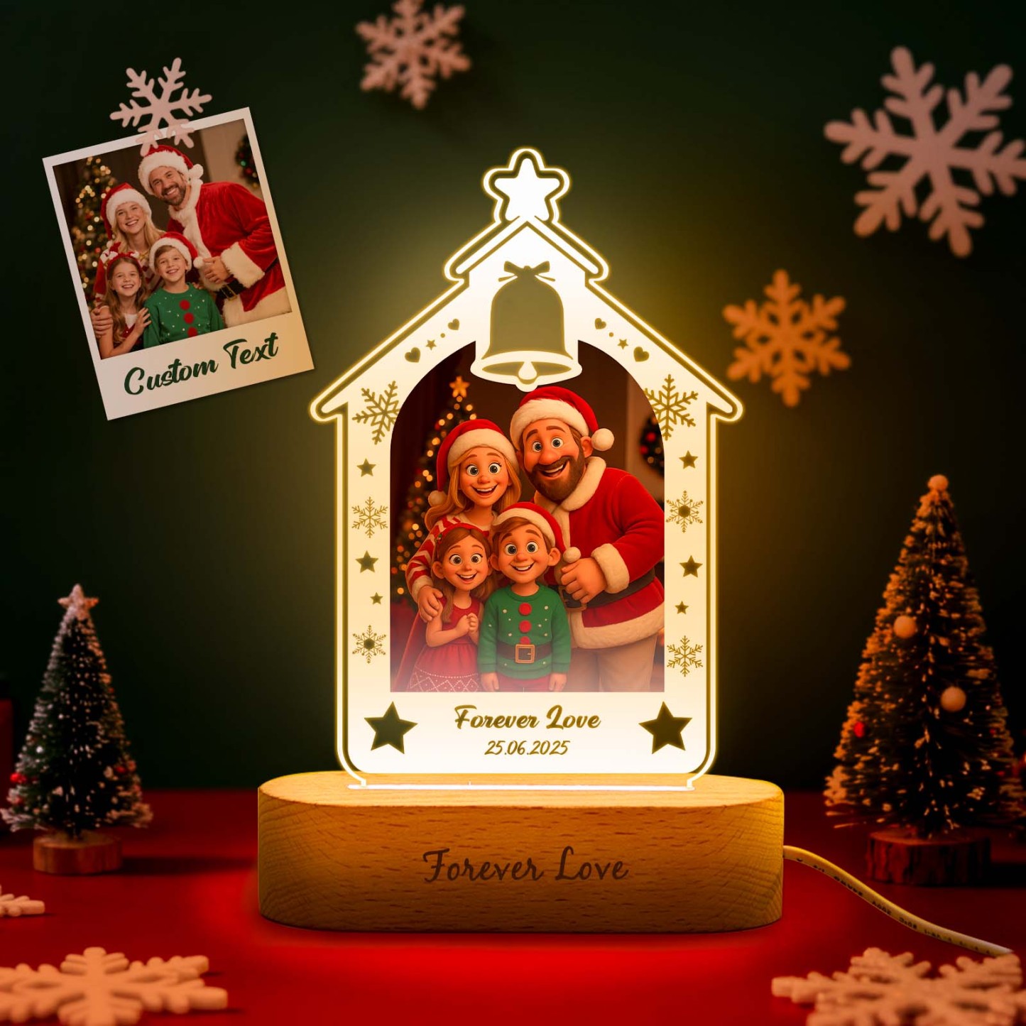 Personalized Christmas Tree Night Light, Custom Photo Engraved Cartoon Style Gift, Best Christmas Gift for Couple, Family - Photowatch