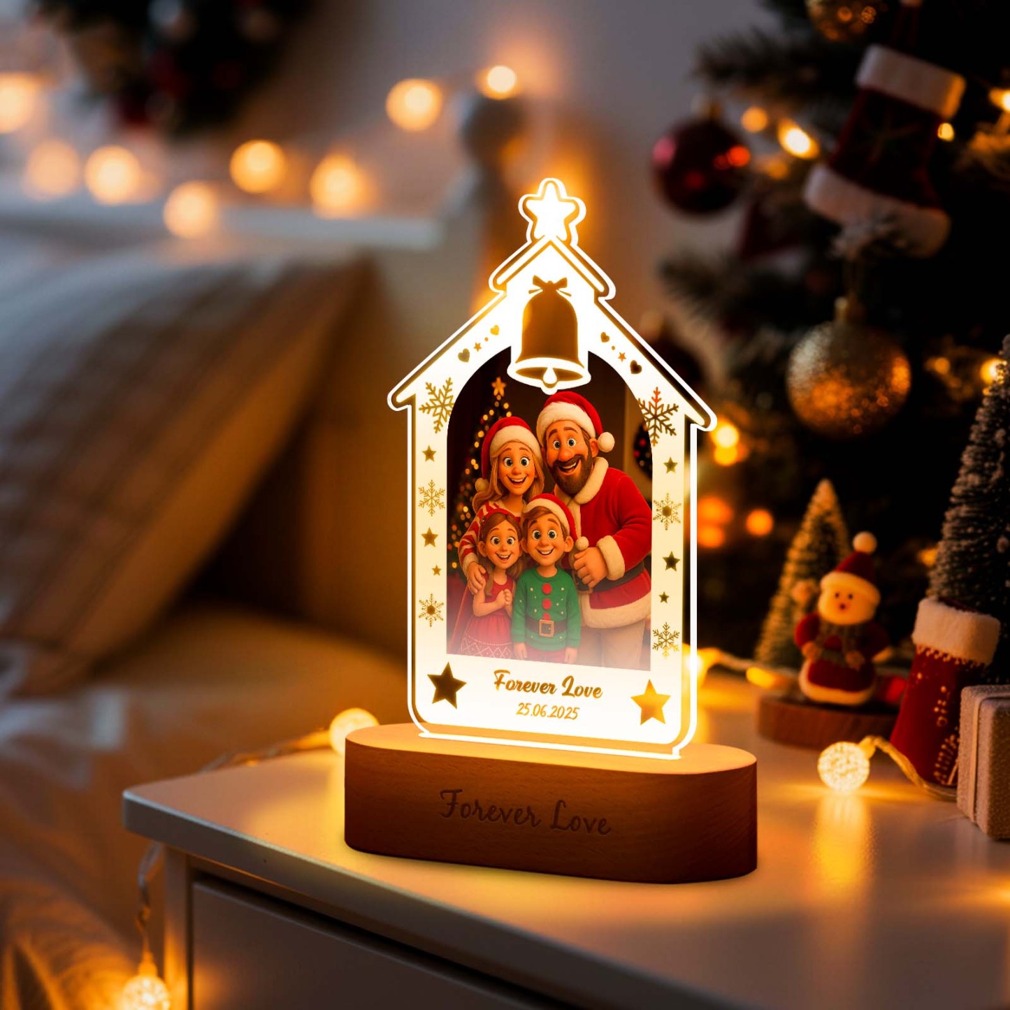 Personalized Christmas Tree Night Light, Custom Photo Engraved Cartoon Style Gift, Best Christmas Gift for Couple, Family - Photowatch