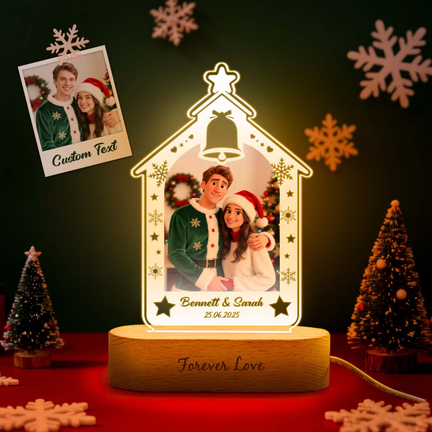 Personalized Christmas Tree Night Light, Custom Photo Engraved Cartoon Style Gift, Best Christmas Gift for Couple, Family - Photowatch