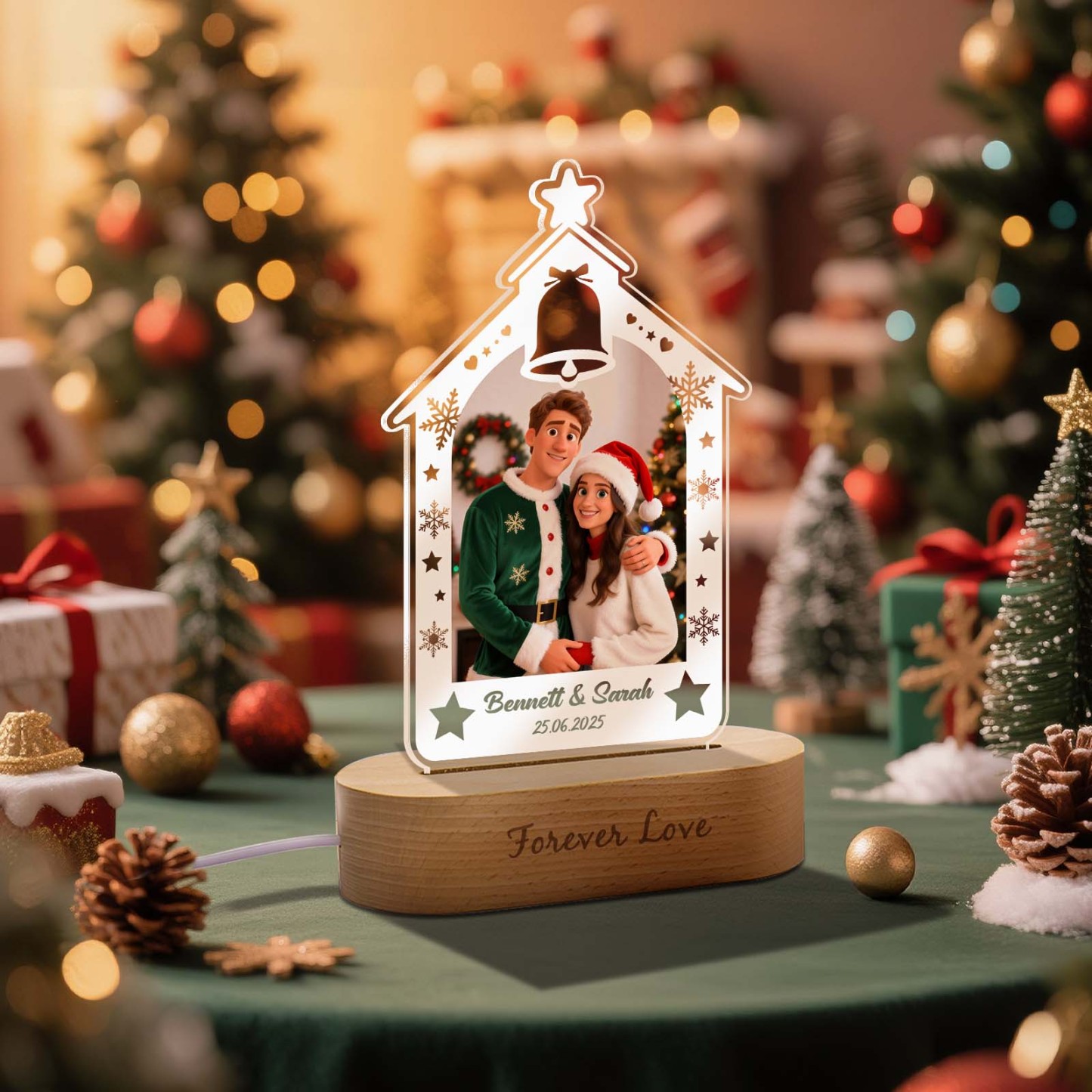 Personalized Christmas Tree Night Light, Custom Photo Engraved Cartoon Style Gift, Best Christmas Gift for Couple, Family - Photowatch