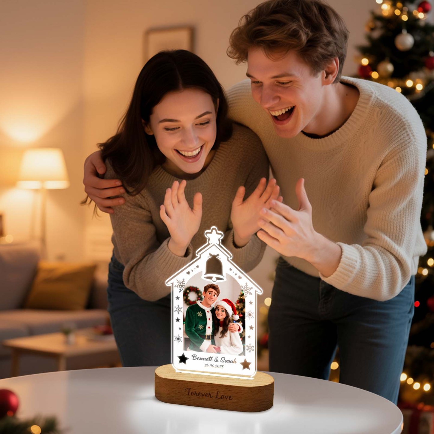 Personalized Christmas Tree Night Light, Custom Photo Engraved Cartoon Style Gift, Best Christmas Gift for Couple, Family - Photowatch