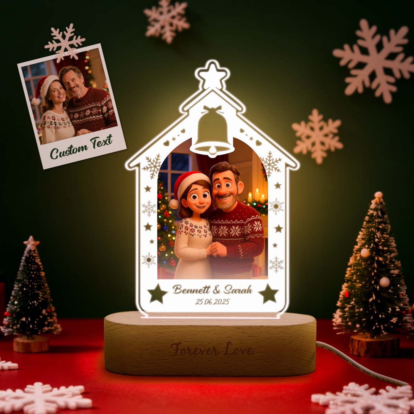 Personalized Christmas Tree Night Light, Custom Photo Engraved Cartoon Style Gift, Best Christmas Gift for Couple, Family - Photowatch