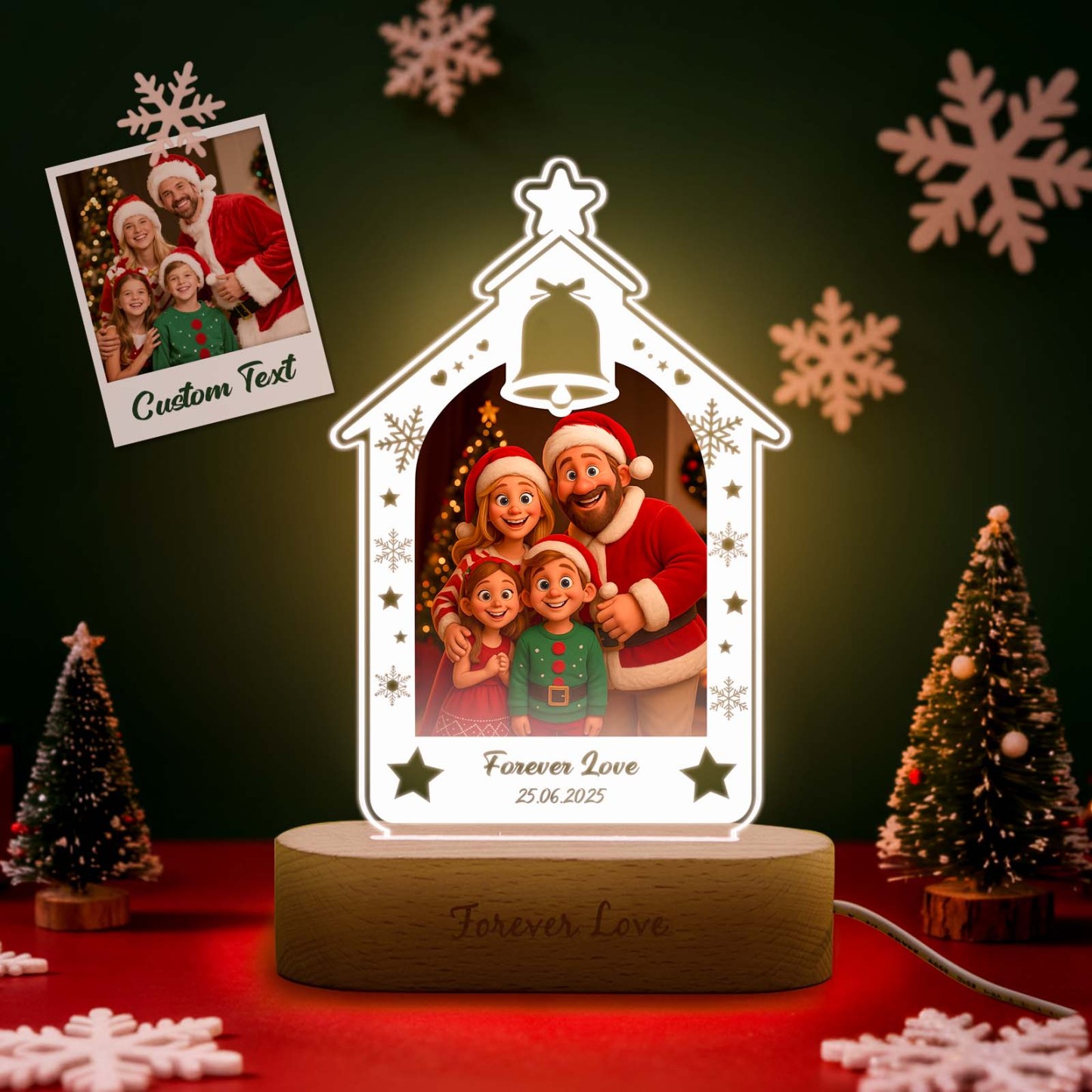 Personalized Christmas Tree Night Light, Custom Photo Engraved Cartoon Style Gift, Best Christmas Gift for Couple, Family - Photowatch