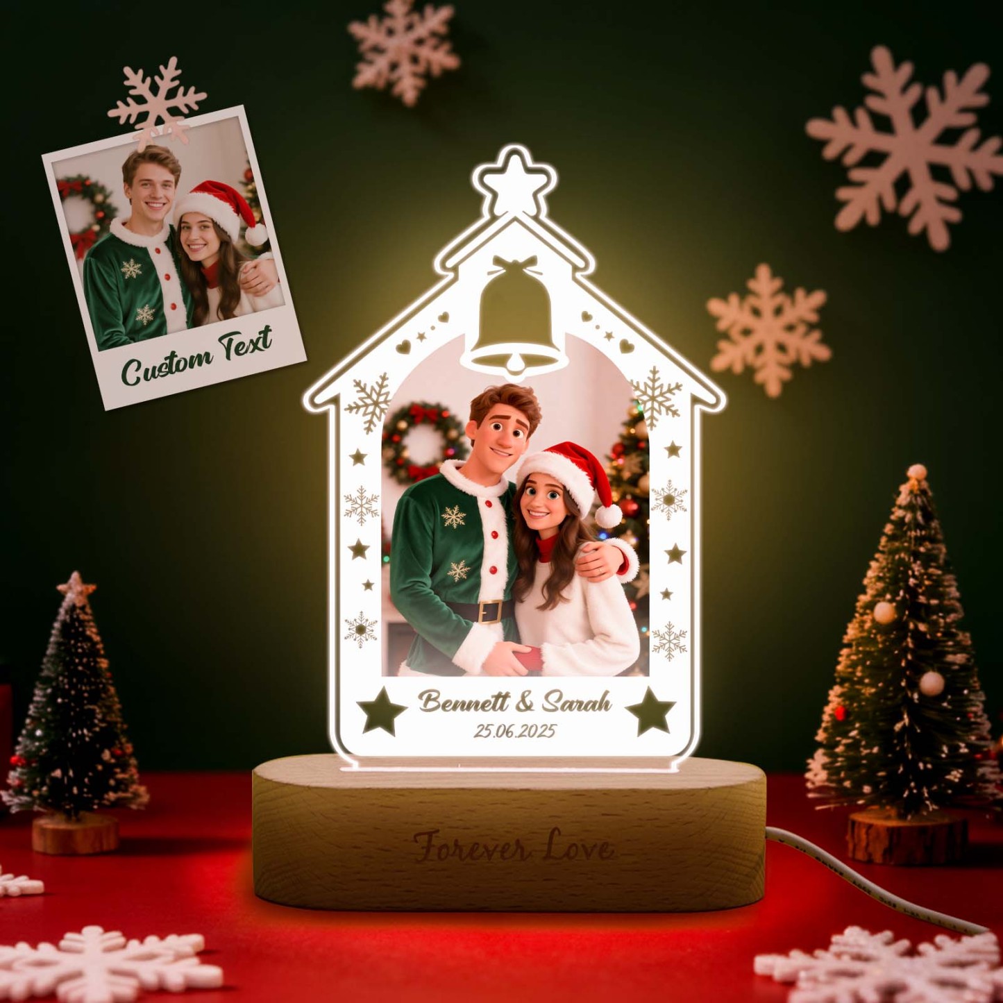 Personalized Christmas Tree Night Light, Custom Photo Engraved Cartoon Style Gift, Best Christmas Gift for Couple, Family - Photowatch