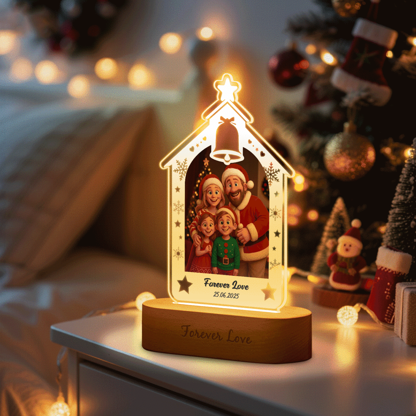 Personalized Christmas Tree Night Light, Custom Photo Engraved Cartoon Style Gift, Best Christmas Gift for Couple, Family - Photowatch